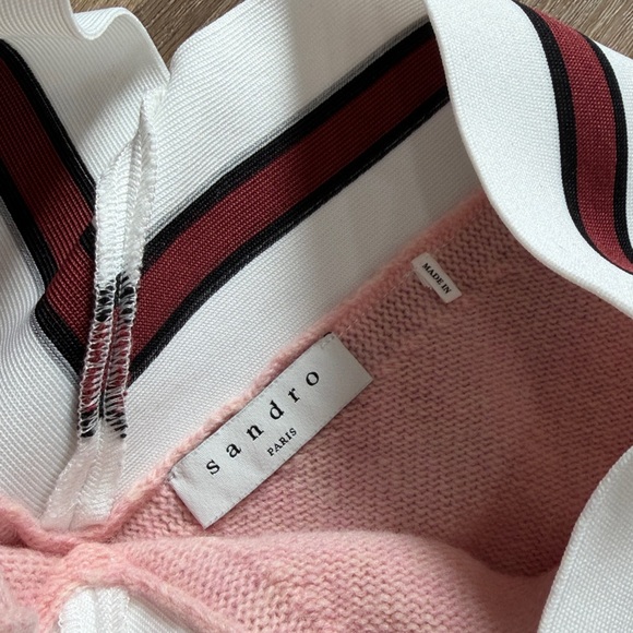 Sandro Pink Contrast Panel Striped V-Neck Sweater Red White Wool Blend Size XL - Picture 4 of 9